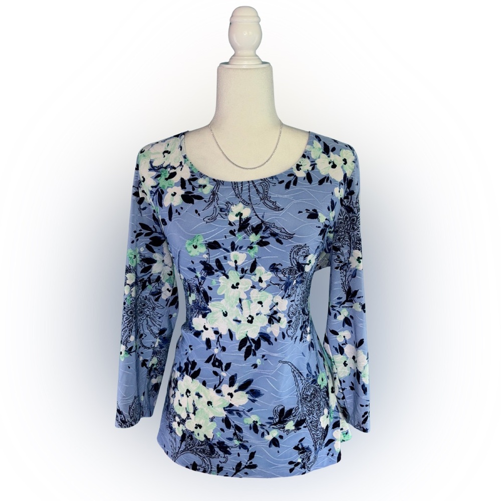 Croft & Barrow Blue Green & White Floral Print Long Sleeve Blouse Size L